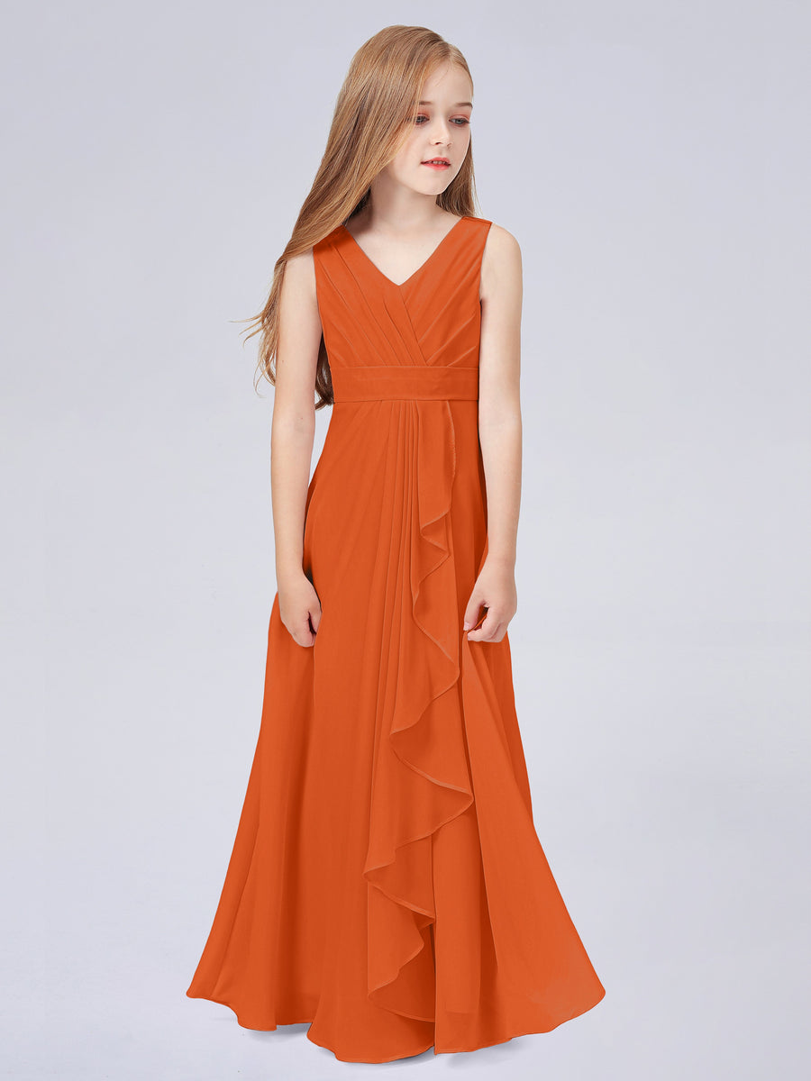 Square Long Junior Bridesmaid Dress With Cascade Skirt Tangerine