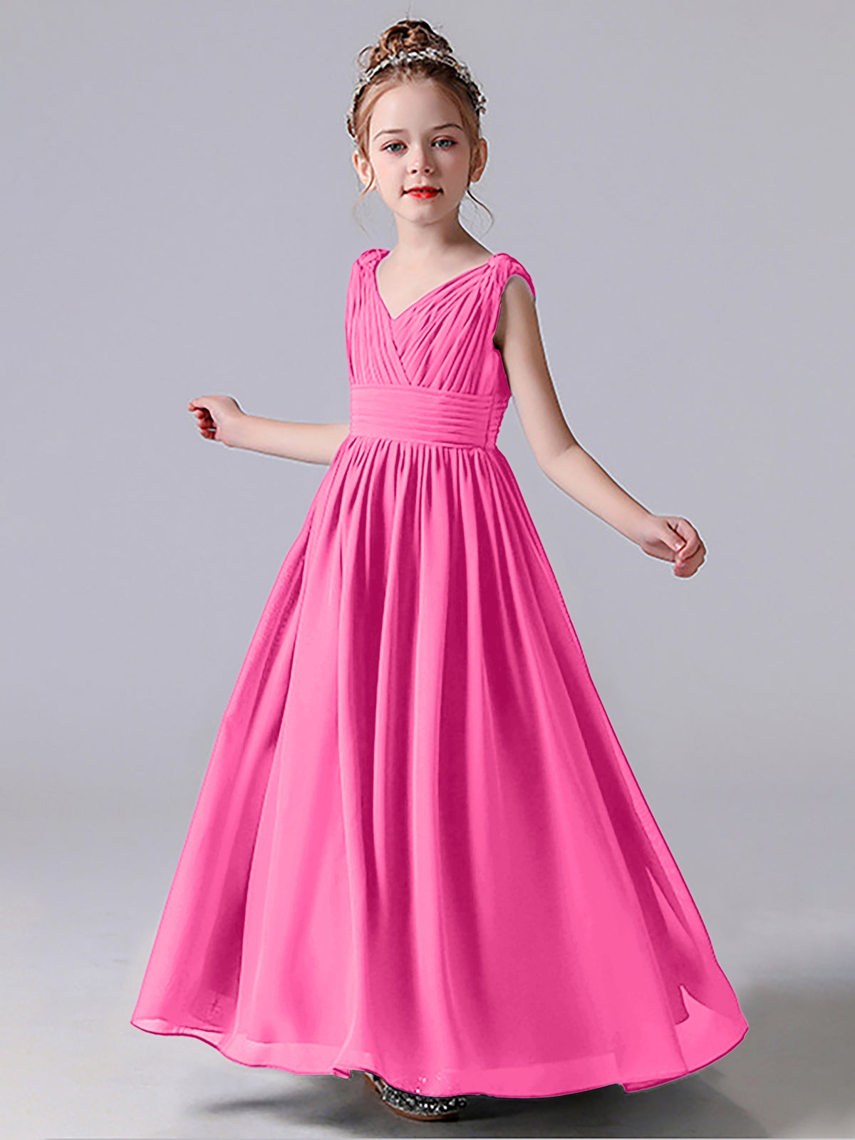 V-Neck Belted Long Chiffon Junior Bridesmaid Gown Azalea