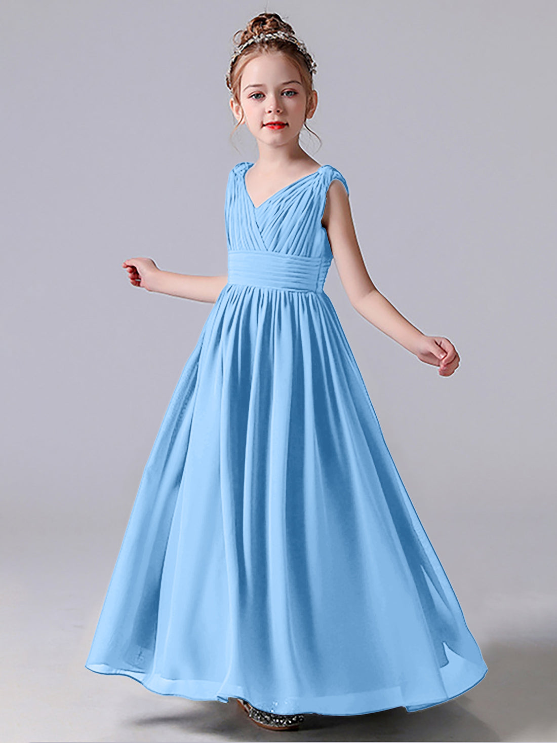 Cute V-neck Junior Bridesmaid Dresses with Pleated Peach