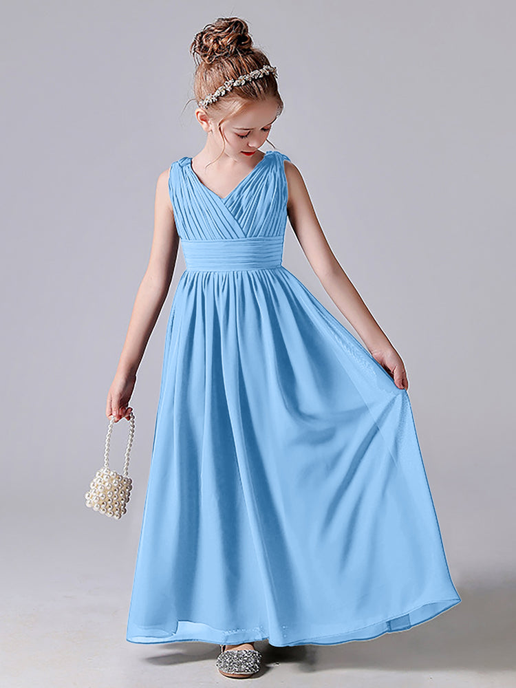 Cute V-neck Junior Bridesmaid Dresses with Pleated White