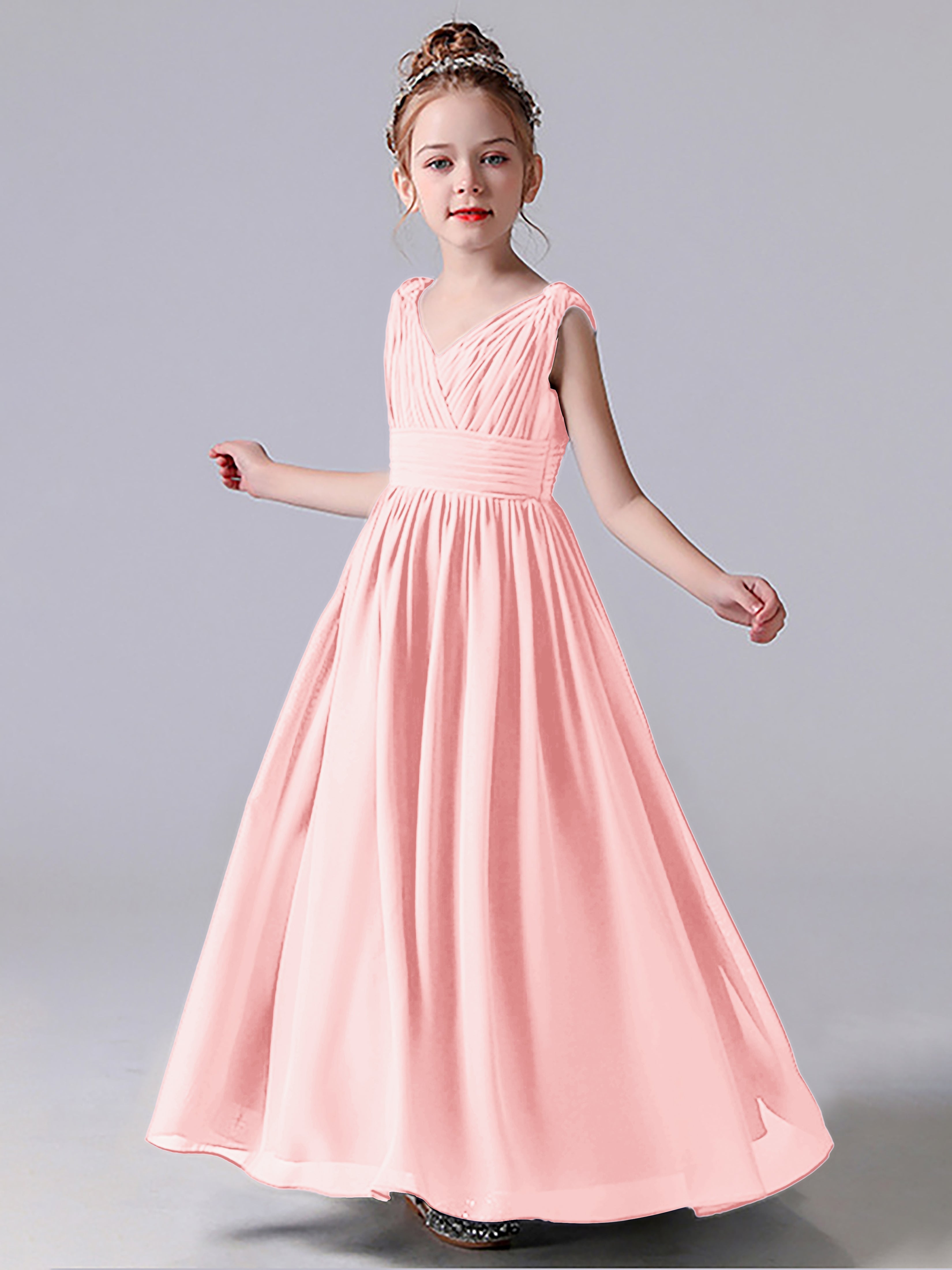 V Neck Pleats Sleeveless Junior Bridesmaid Dress