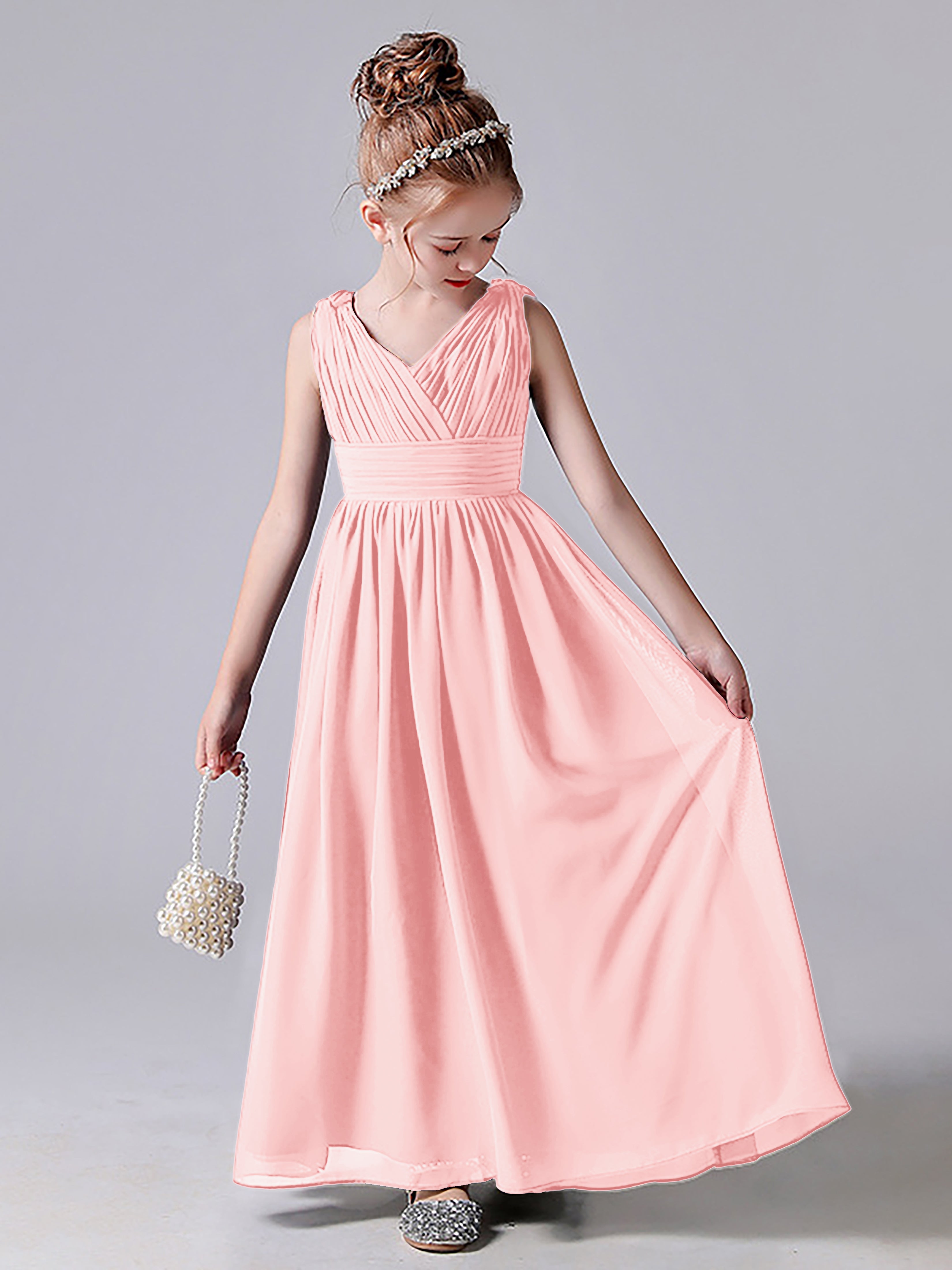 V Neck Pleats Sleeveless Junior Bridesmaid Dress