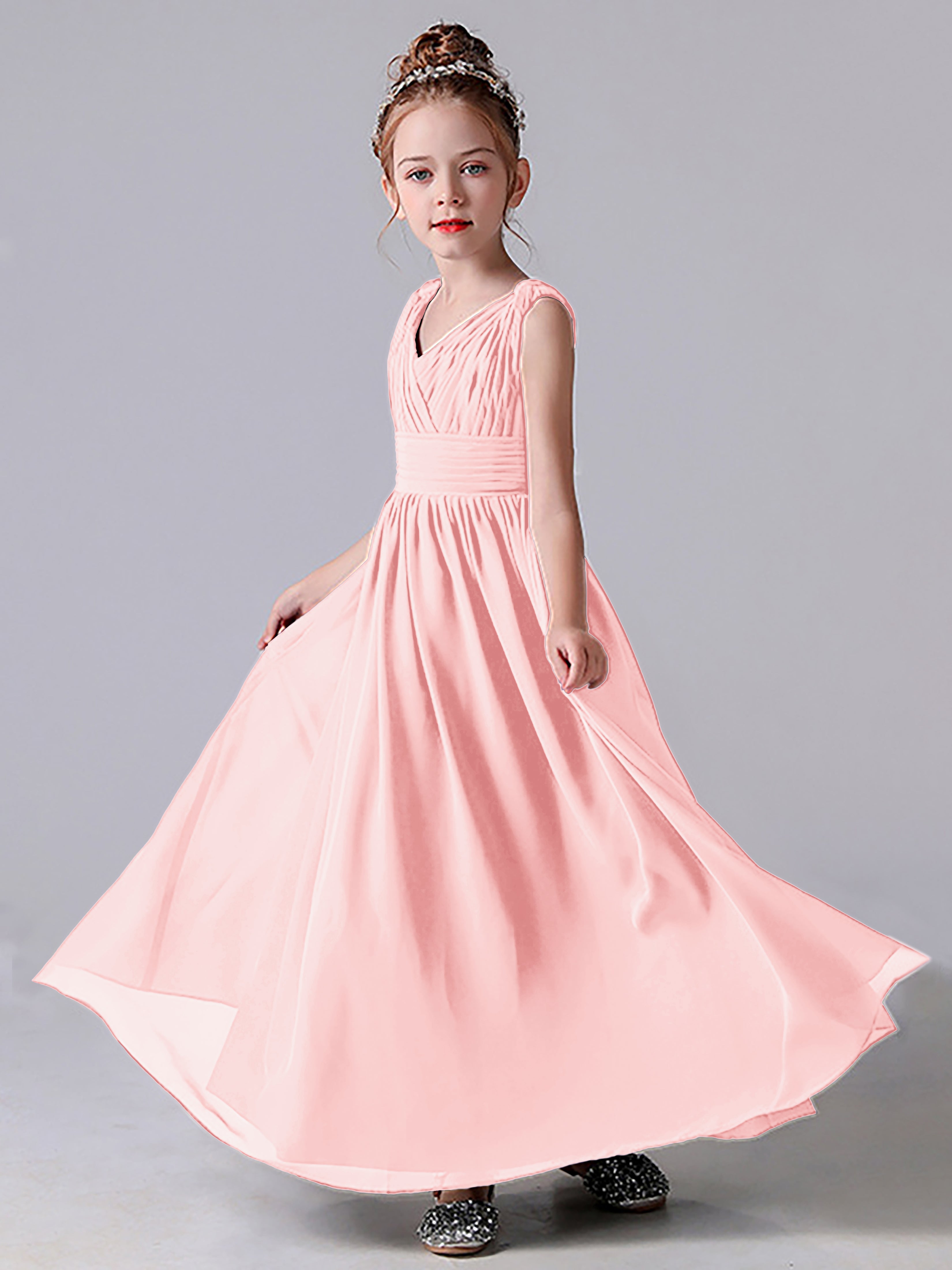 V Neck Pleats Sleeveless Junior Bridesmaid Dress