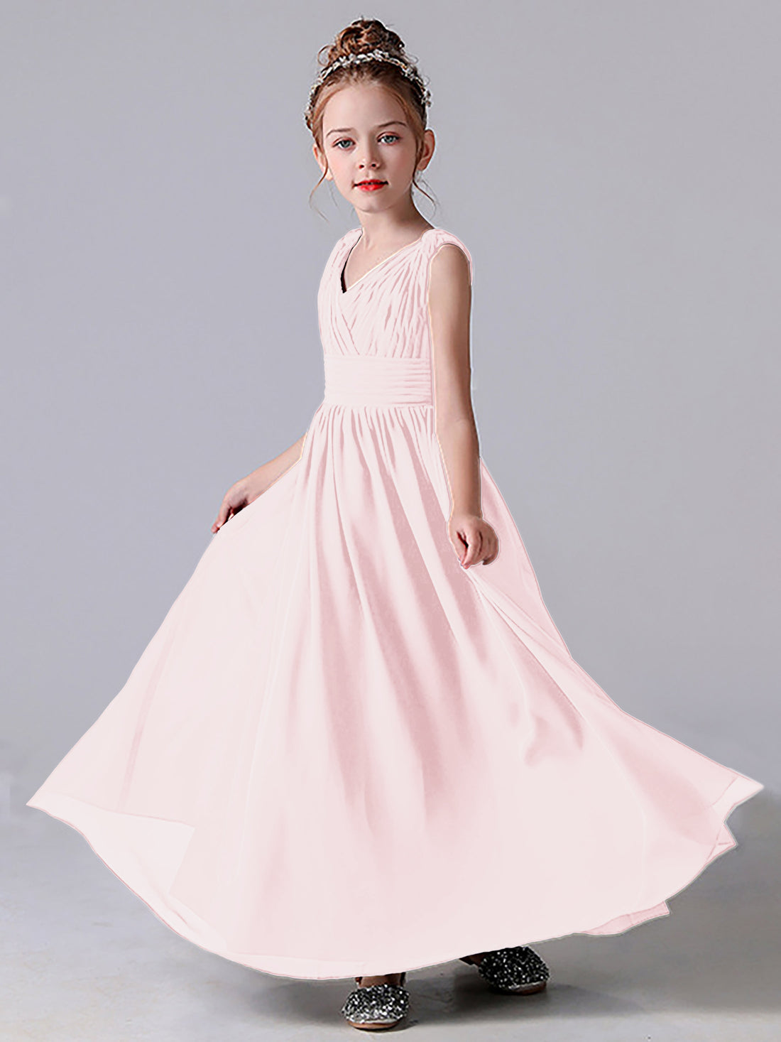 A-Line/Princess V-Neck Sleeveless Junior Girl Bridesmaid Dresses with Pleats
