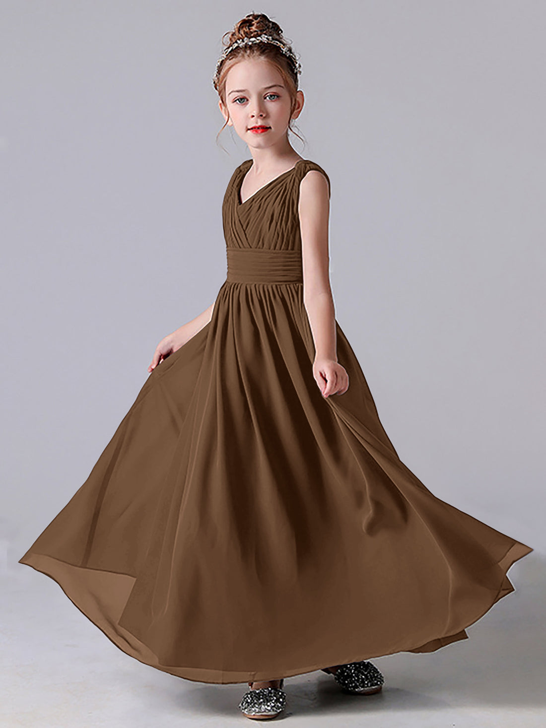 Flutter Sleeves V-neck Asymmetrical Junior Bridesmaid Dresses Olive Green main image 1