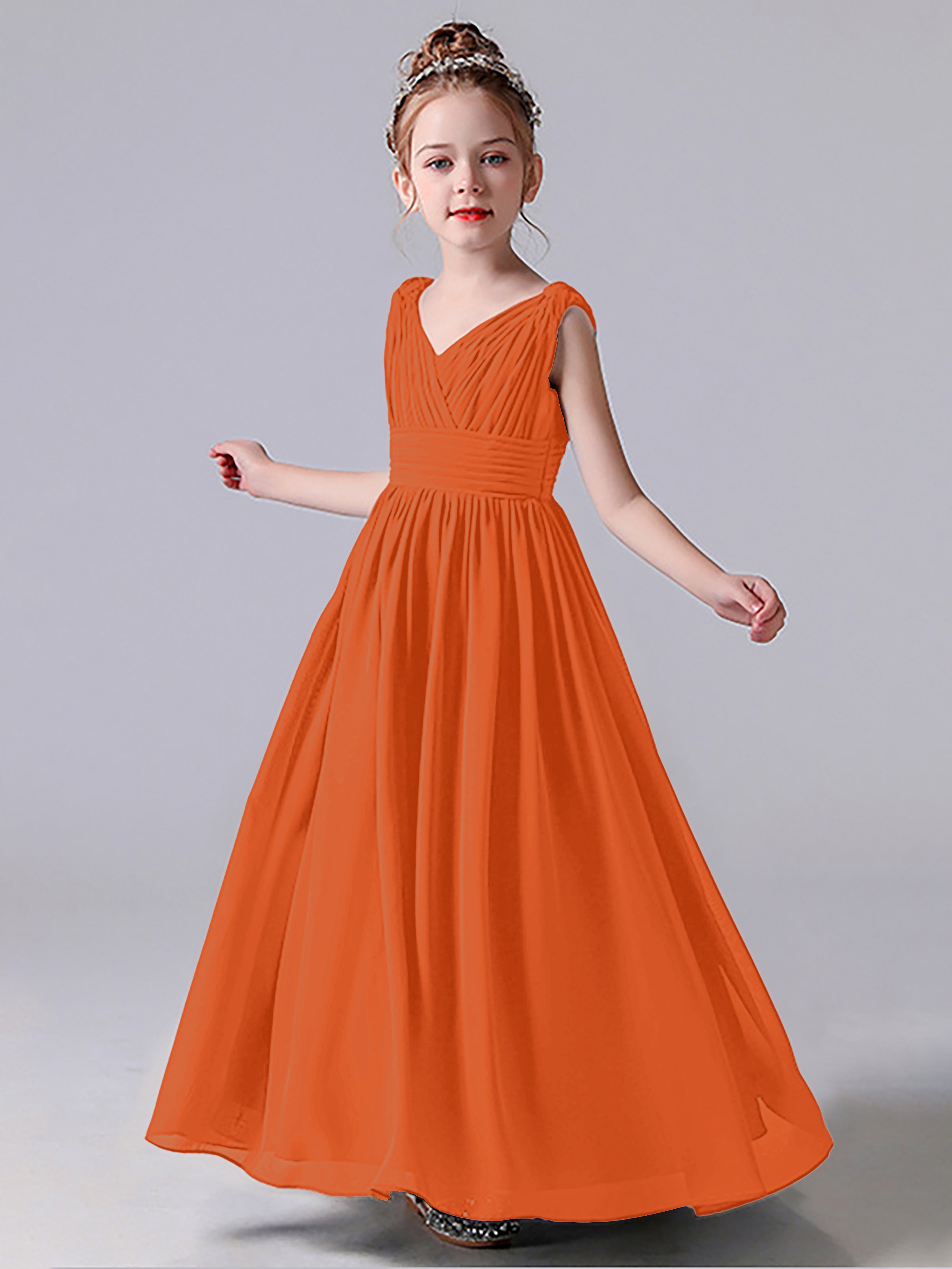 V Neck Pleats Sleeveless Junior Bridesmaid Dress