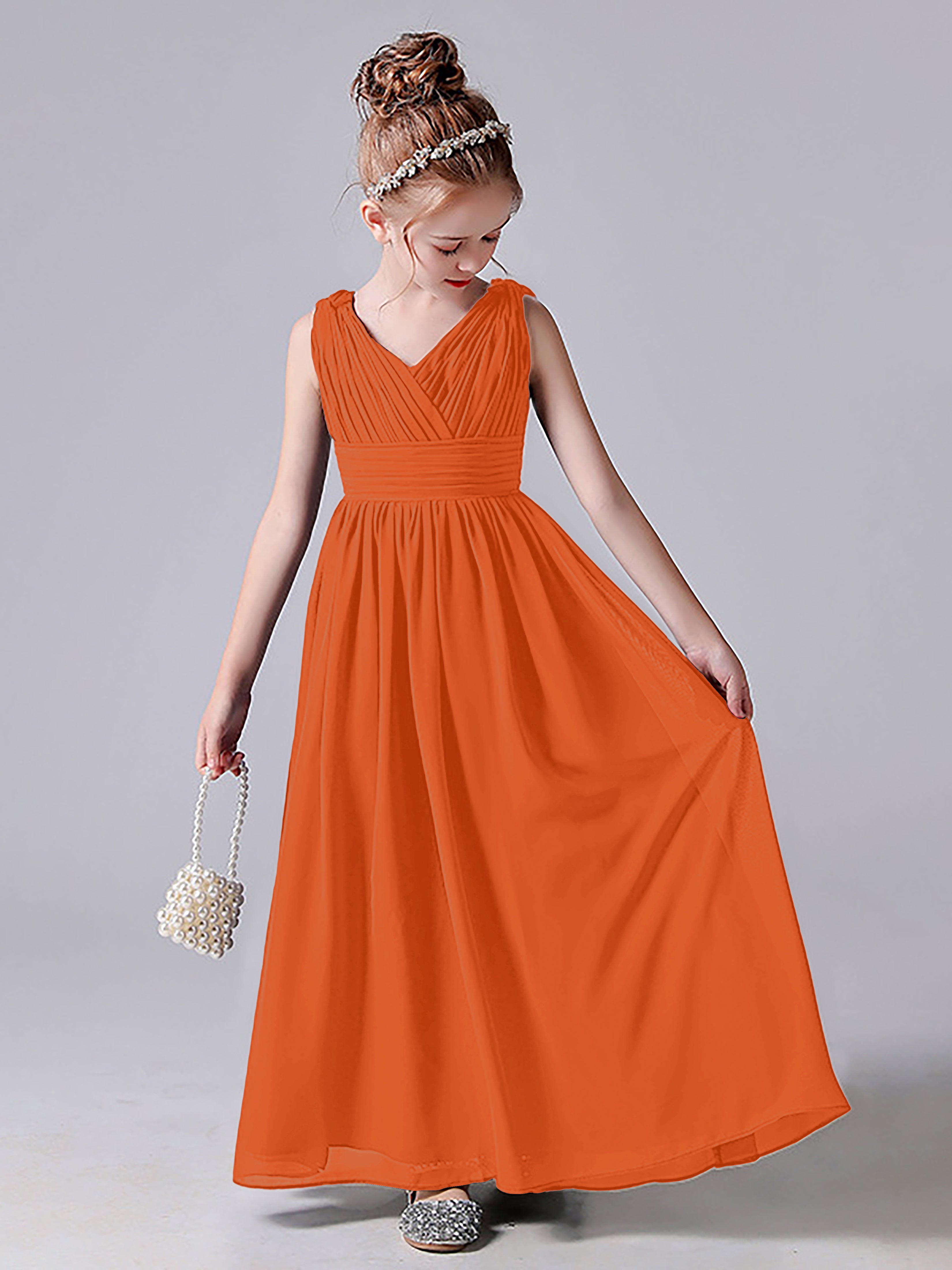 V Neck Pleats Sleeveless Junior Bridesmaid Dress