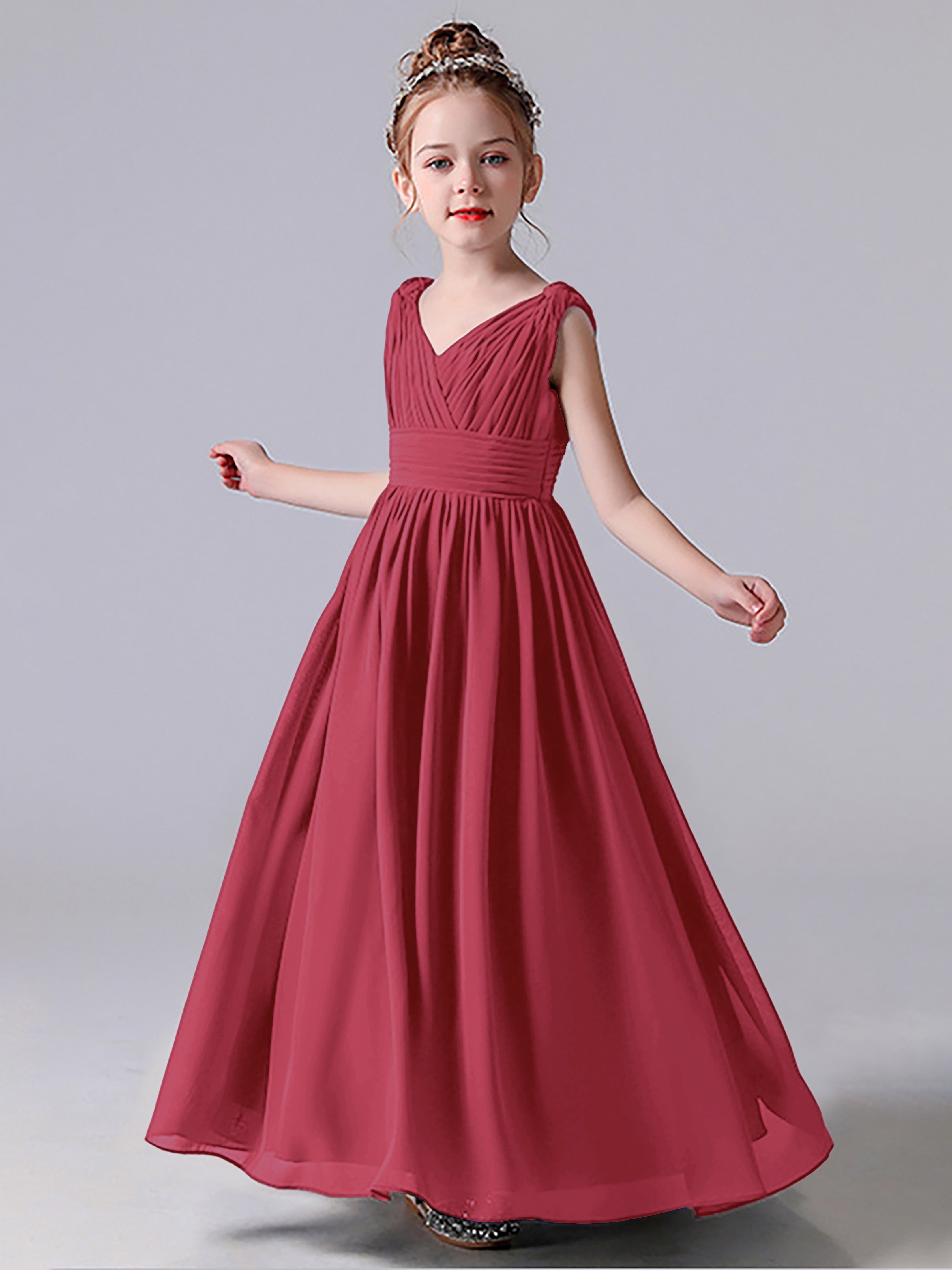 V Neck Pleats Sleeveless Junior Bridesmaid Dress