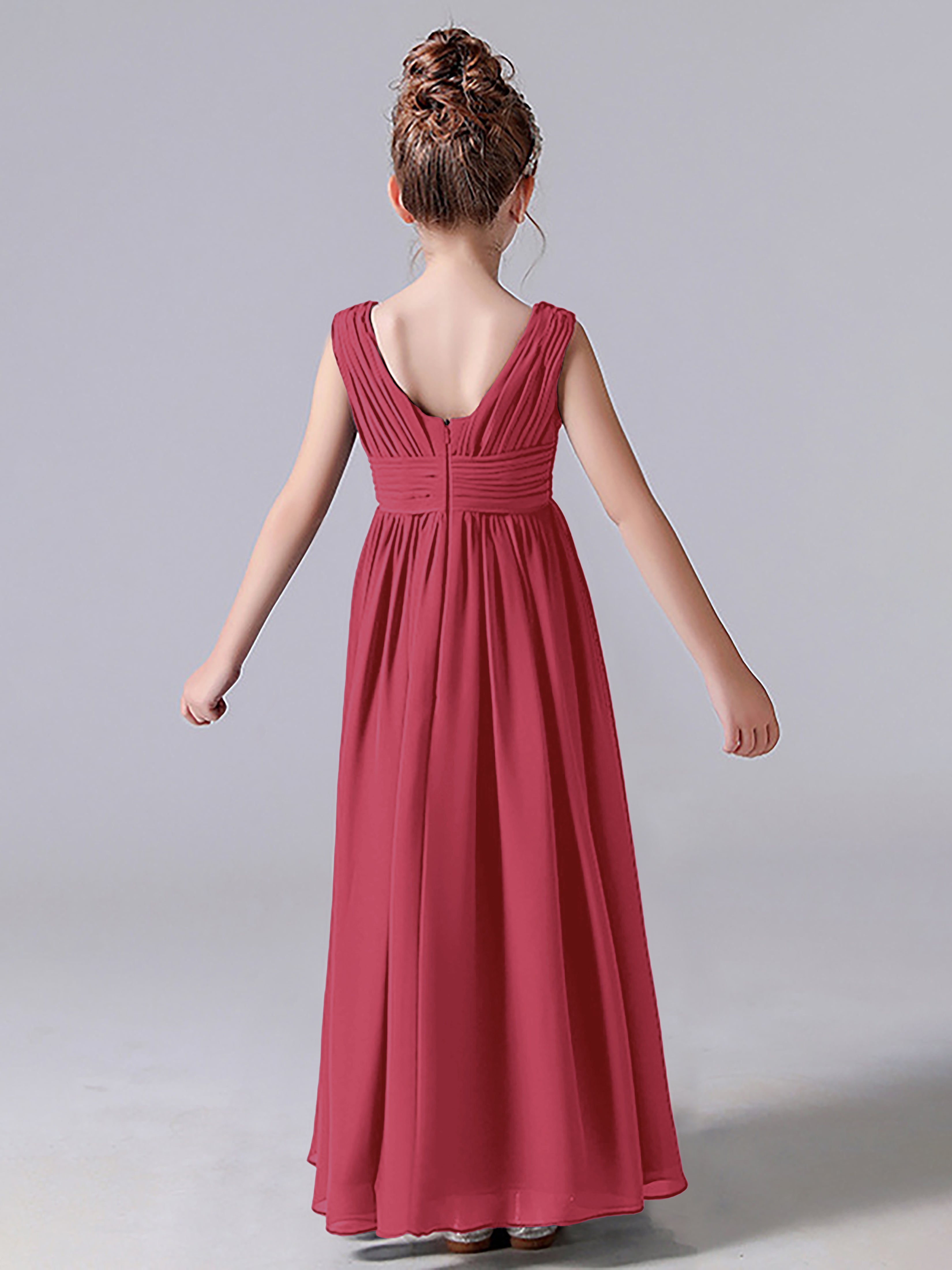 V Neck Pleats Sleeveless Junior Bridesmaid Dress