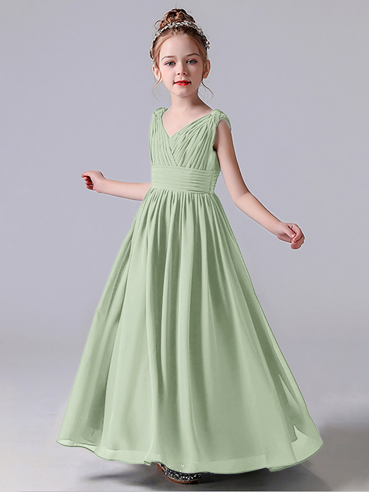 Flutter Sleeves V-neck Asymmetrical Junior Bridesmaid Dresses Mint Green