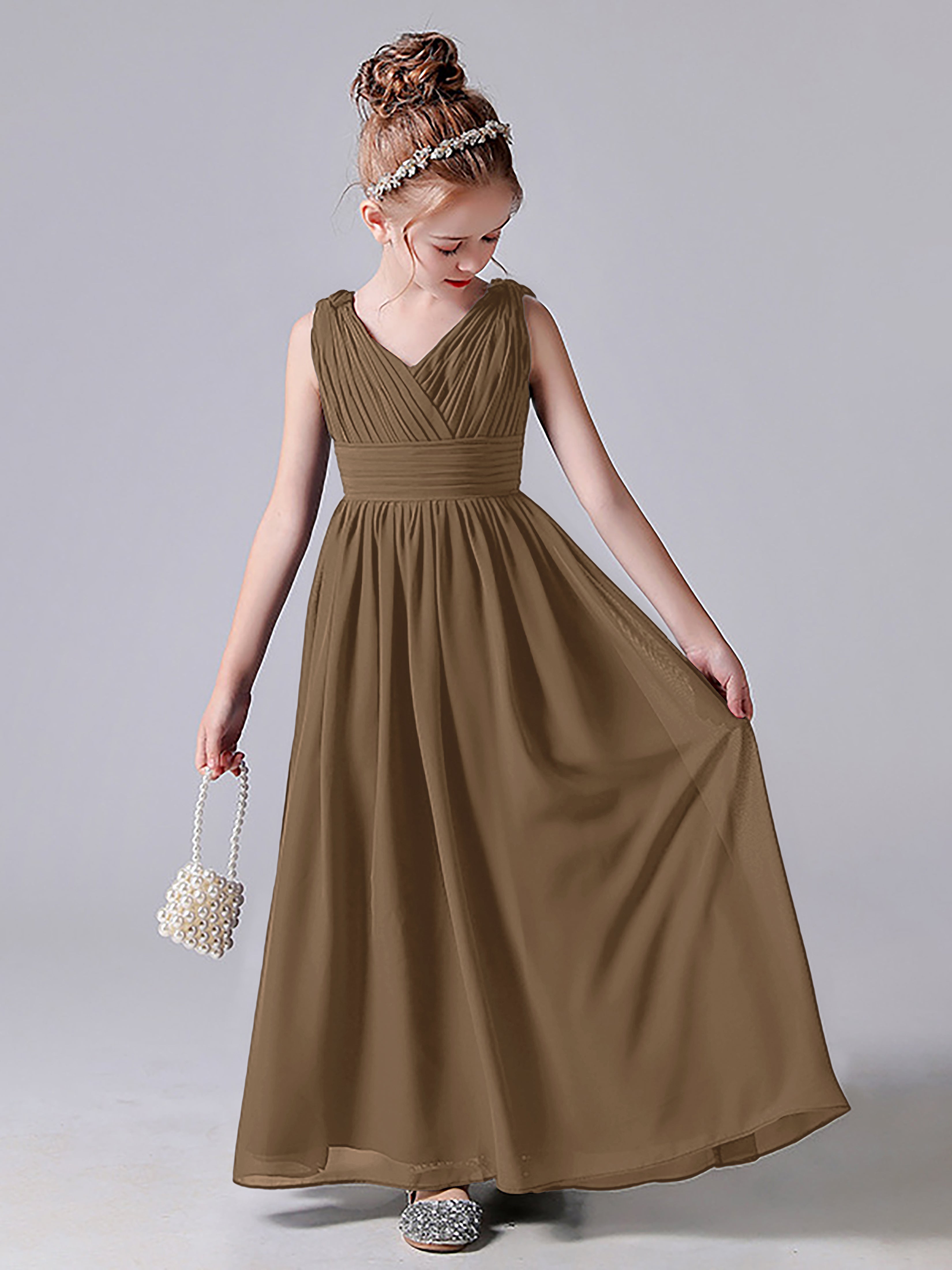 V Neck Pleats Sleeveless Junior Bridesmaid Dress