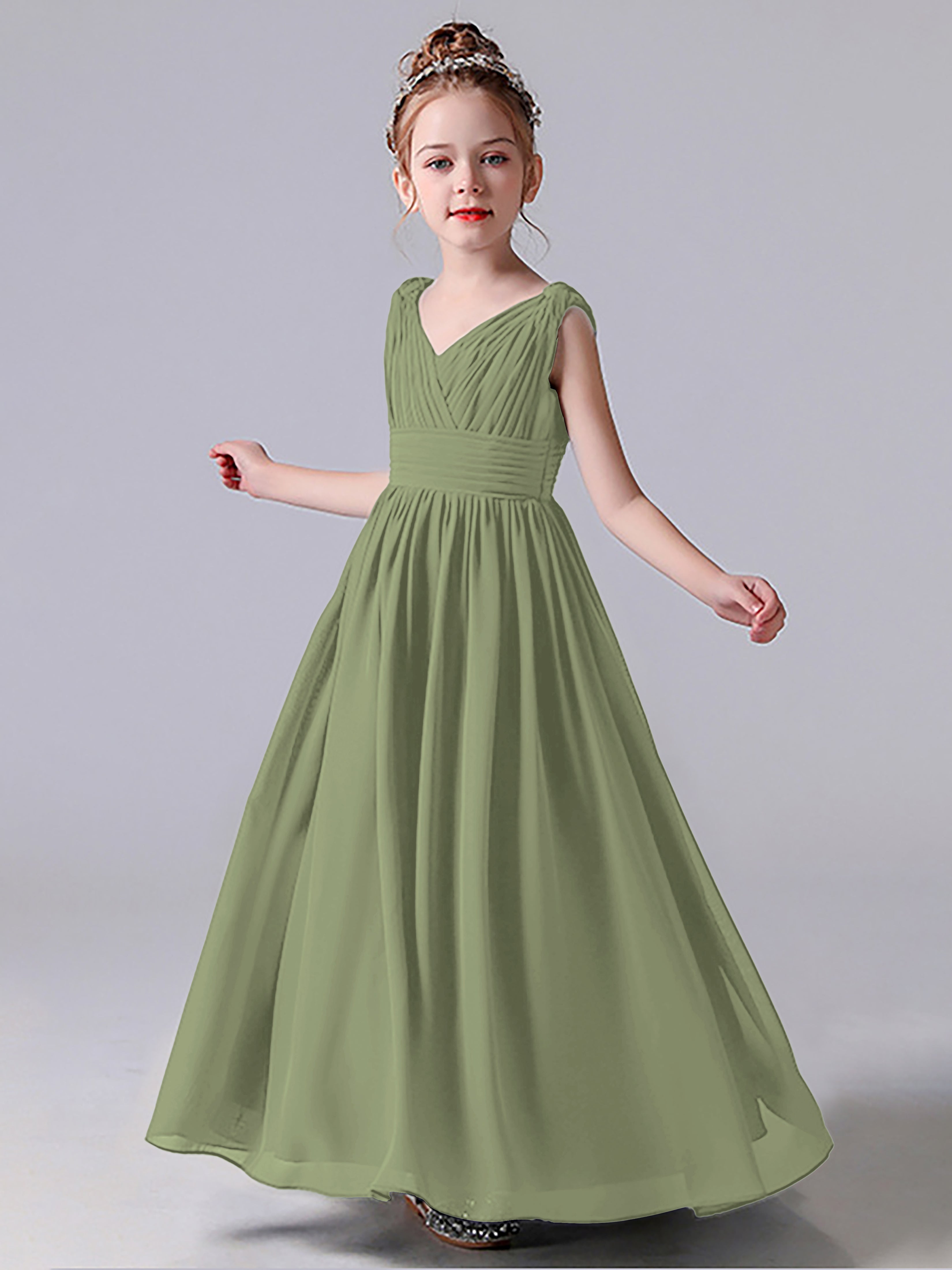 V Neck Pleats Sleeveless Junior Bridesmaid Dress