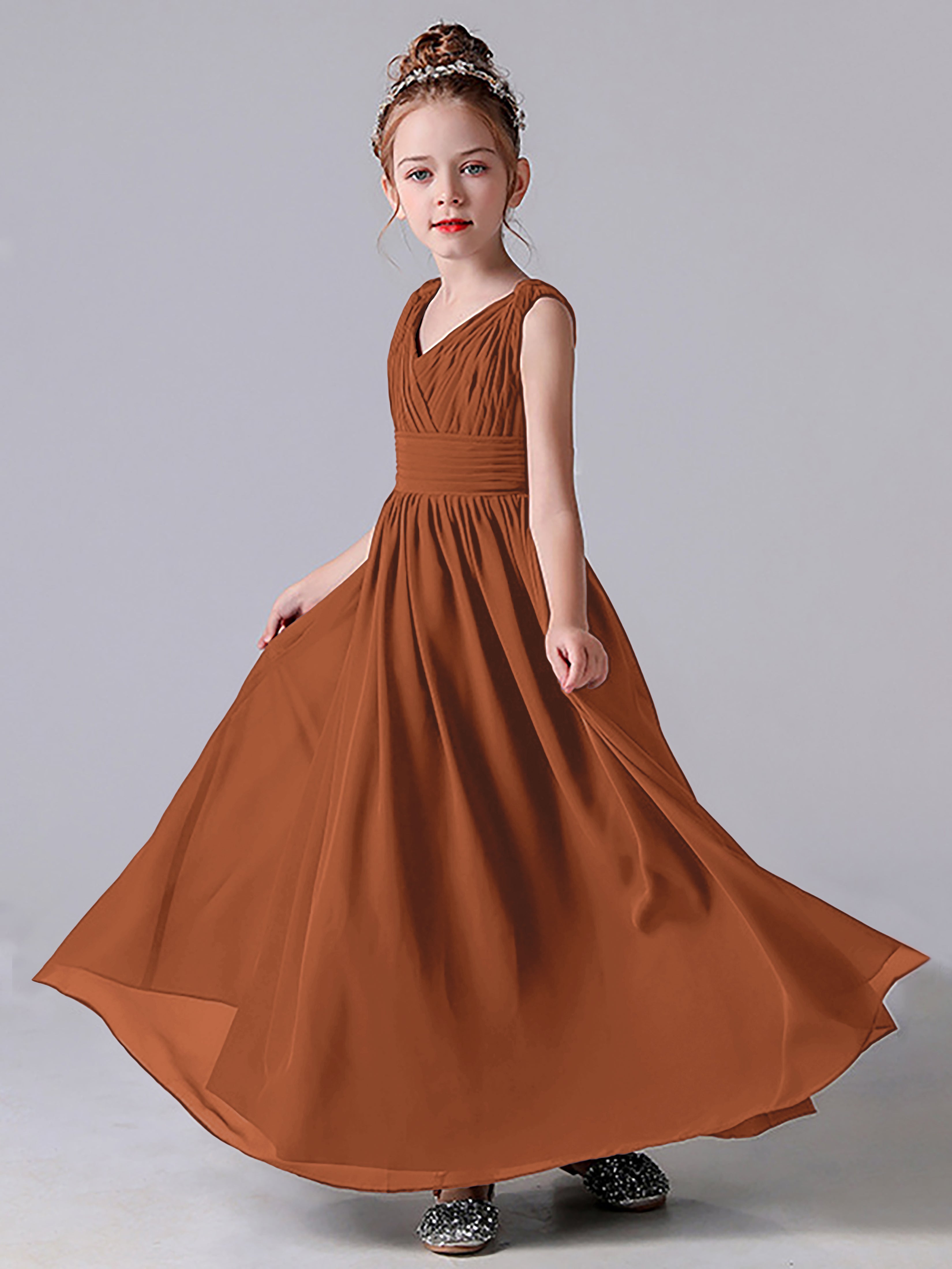 V Neck Pleats Sleeveless Junior Bridesmaid Dress